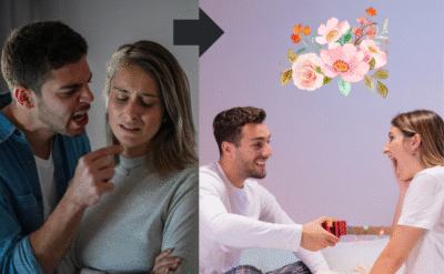 A split image showing conflict on one side and understanding on the other, symbolizing self transformation through compassionate communication – The Power Within.