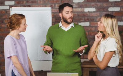 Group discussion with active listening and expressive body language – a visual example of tips for personality development from The Power Within.