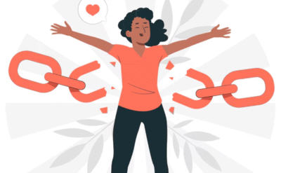 A joyful woman breaking free from chains, symbolizing emotional liberation and inner healing — an inspiring visual from The Power Within, perfect for articles to read on self transformation.