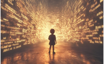 A child stands in a glowing tunnel of floating golden words and symbols, symbolizing the power of speech and personal transformation through language.