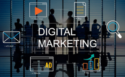 Digital marketing icons with professionals in background, highlighting tools to turn passion into a career.