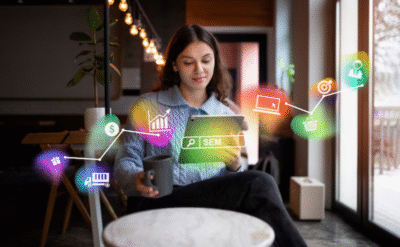 Young woman learning digital marketing online with SEM and analytics icons, representing modern strategies and skills for growth seekers