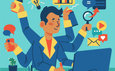 A digital marketer multitasking with tools for content, SEO, analytics, and branding symbolizing the skills to learn digital marketing effectively.