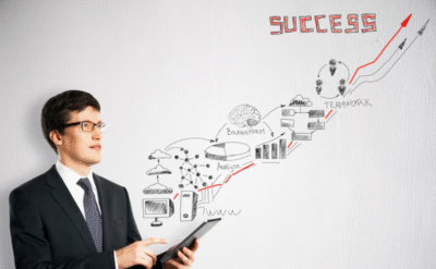 Businessman using tablet with digital strategy flowchart showing teamwork, planning, and success in digital marketing.