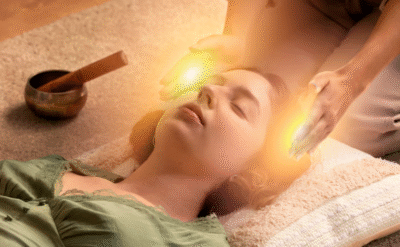 A serene woman meditating with glowing energy around her, symbolizing divine healing and inner peace through Reiki practices.